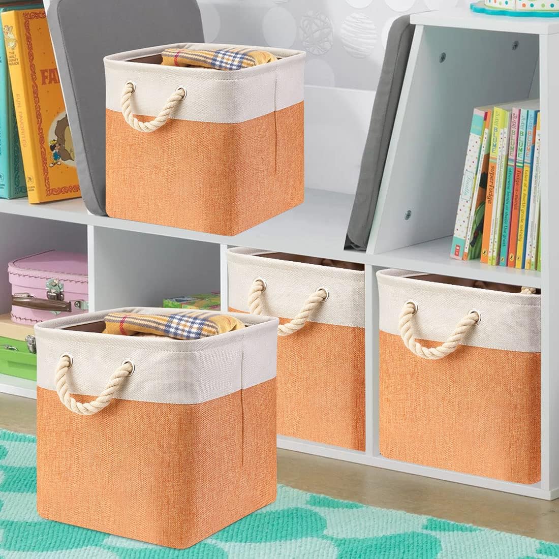 i BKGOO 3Pack Large Foldable Storage Bins，Collapsible Sturdy Cationic Fabric Organizing Storage Basket Cube with Cotton Handles for Home Office Shelf Clothes Toys Beige-Orange 13×13×13 inch