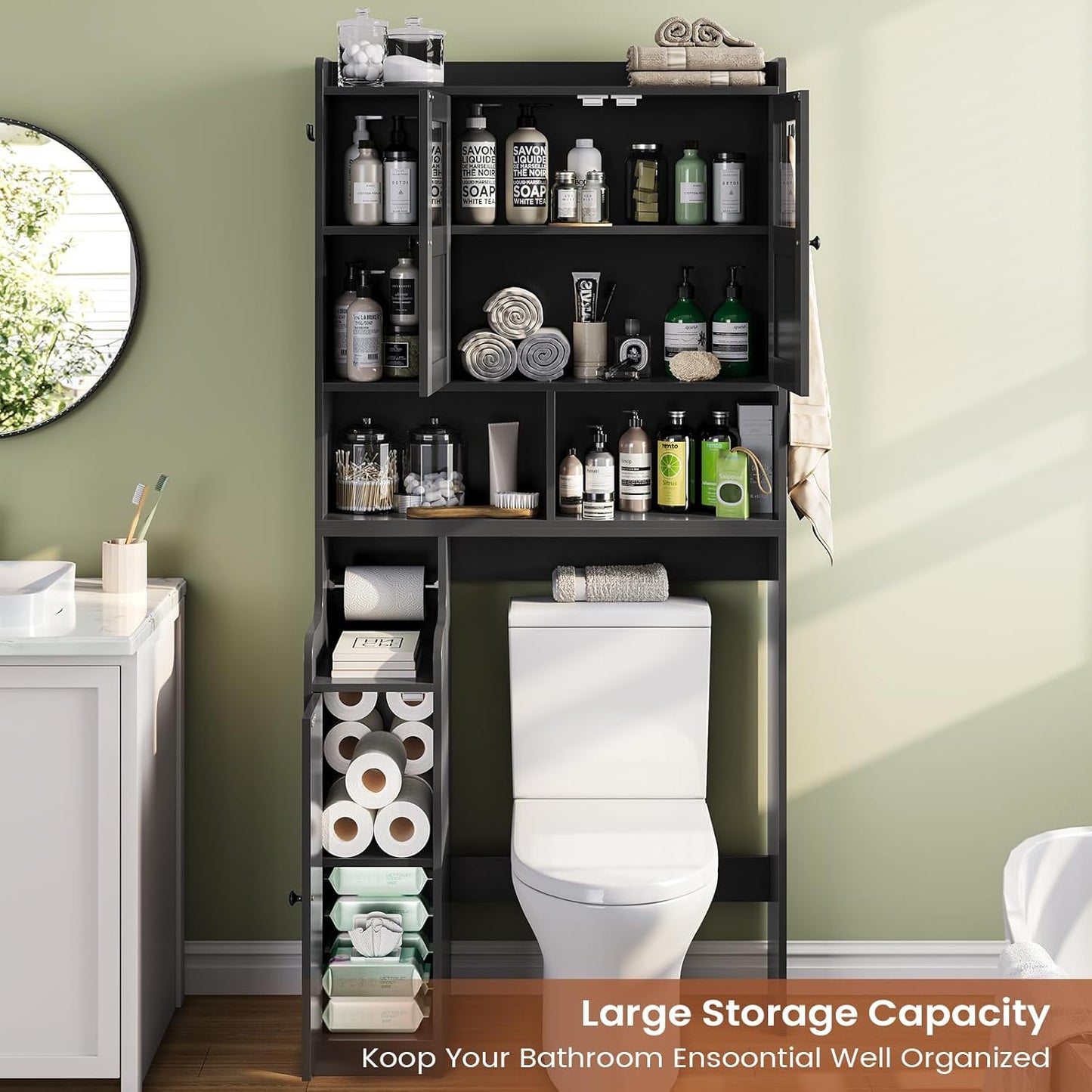 Itaar Over The Toilet Storage Cabinet, Over Toilet Bathroom Organizer with Glass Doors & Toilet Paper Holder Stand, Home Space-Saving Toilet Rack, for Bathroom, Restroom, Laundry(Black)