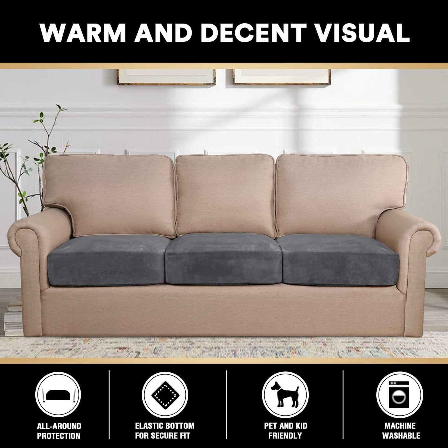 PrinceDeco Velvet Stretch Couch Cushion Cover Extra Large Cushion Slipcover for Chair Loveseat Sofa Cushion Furniture Protector Seat Cushion Sofa Cover (3 Piece XL Sofa Cushion Covers, Grey)