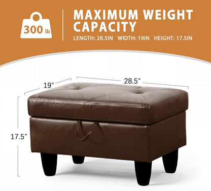 Ottoman Rectangular Storage Ottoman Bench, Faux Leather Footrest, Coffee Table, Stool Footstool with Hinged Lid for Living Room, Bedroom, Entryway, Brown, 28.5"x19"x17.5"
