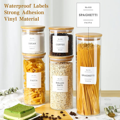 5 Pack Glass Jars with Bamboo Airtight Lids - Stackable Food Storage Containers with 132 Pantry Labels - with Wood Lid for Candy, Cookie, Rice, Sugar, Flour, Pasta, Nuts