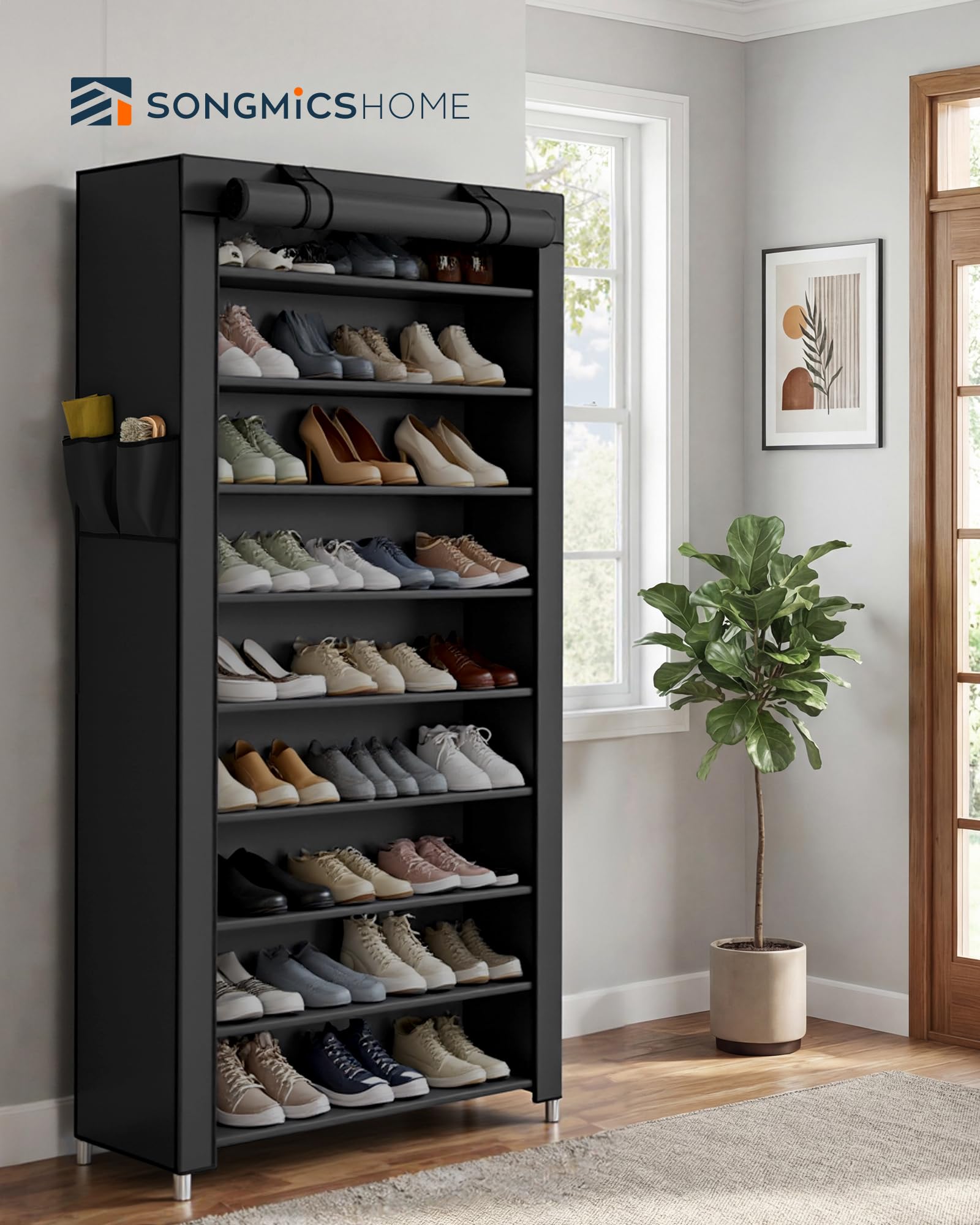 SONGMICS Home Shoe Rack 10-Tier, Tall Narrow Metal Shoe Organizer with Dust Cover, 11.2 x 33.3 x