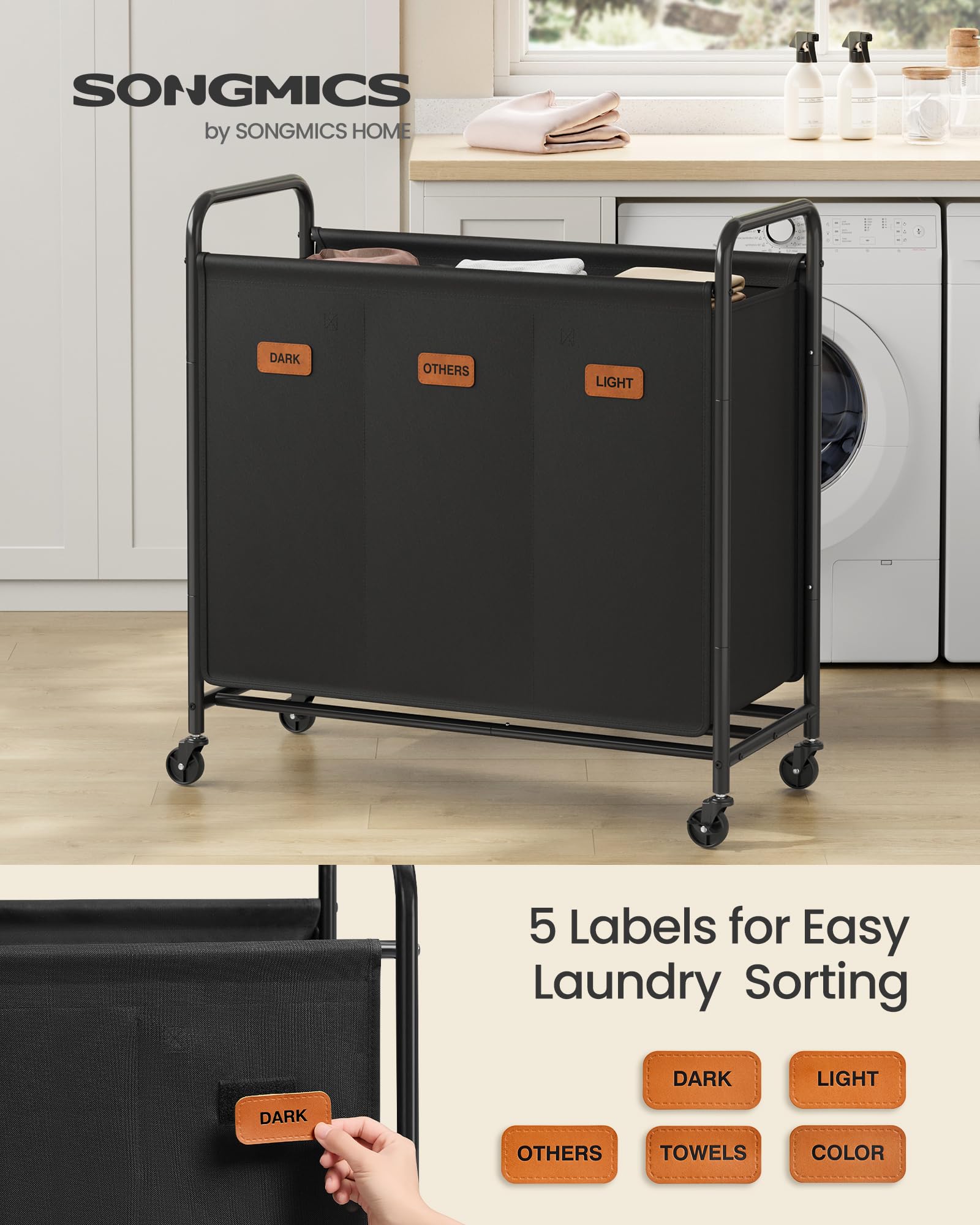 SONGMICS 3-Section Laundry Sorter, Laundry Hamper with Wheels, Rolling Clothes Hamper Cart with