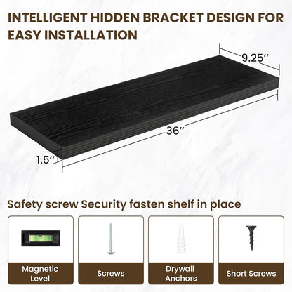 36 Inch Floating Shelves, 36"x9.25"x1.5" Inch Deep Floating Shelves for Wall, Wooden Shelves for Bathroom, Bedroom, Living Room, Black