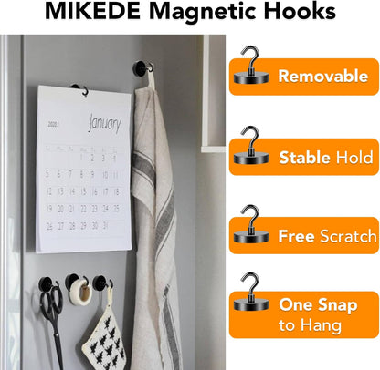MIKEDE Black Magnetic Hooks Heavy Duty, 150LB+ Strong Neodymium Magnets for Refrigerator, Magnetic Hooks with Epoxy Coating for Hanging, Magnets with Hooks for Cruise, Home, Workplace - 10 Pack