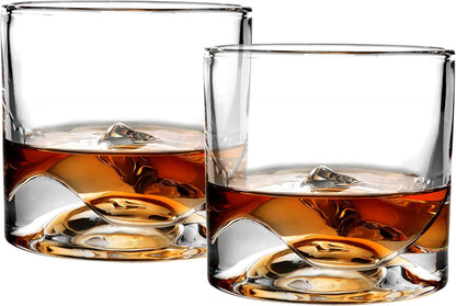 Denali Mountain Heavy Crystal Whiskey Glasses Gift Set of 2, Thick Freezable Bourbon Glass 1lb Each, Premium Whiskey Gifts for Men, Frozen Crystal Chills Cocktails, 10 oz