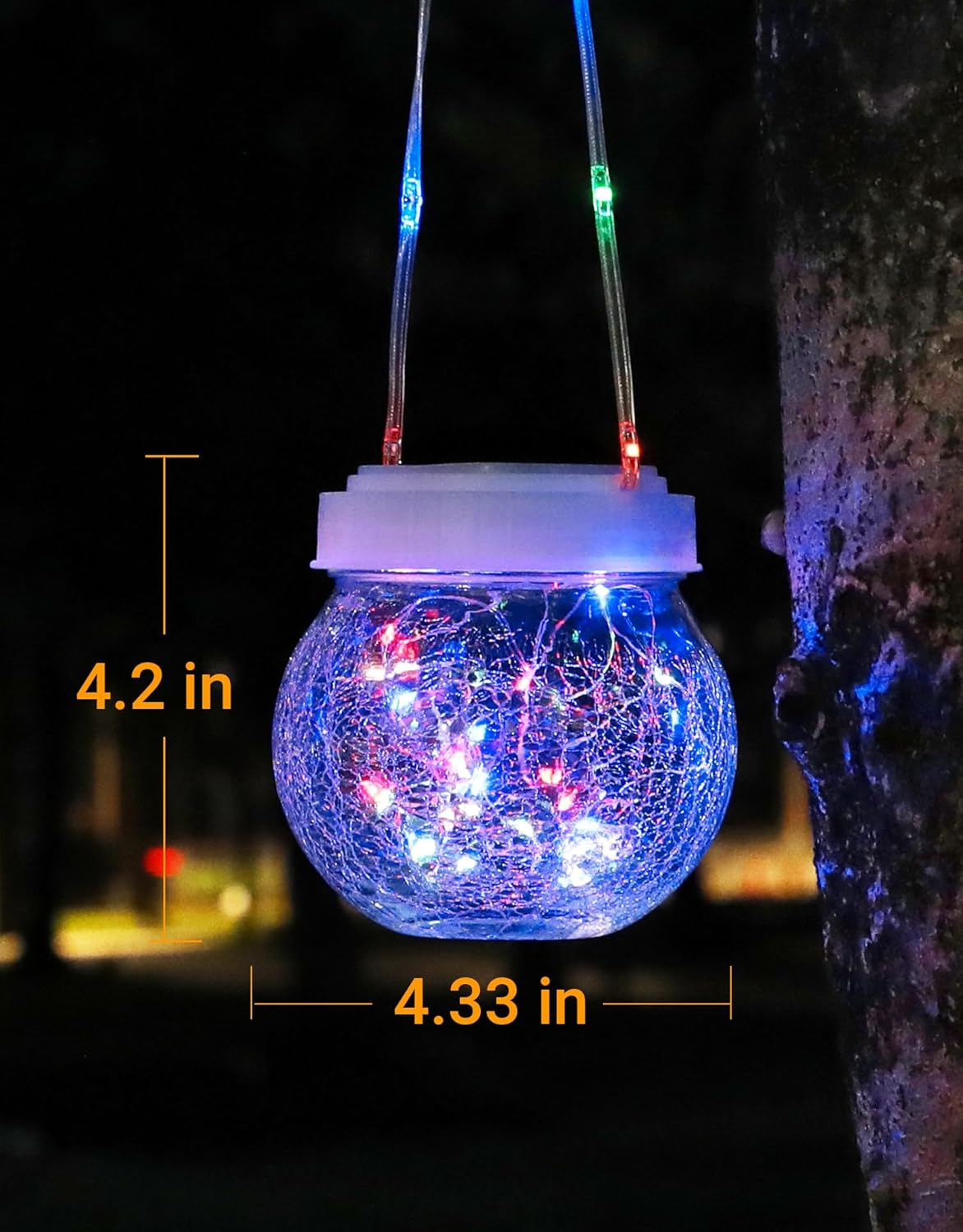 Solar Lantern Solar Lights Outdoor Waterproof 2-Pack, Solar Powered Hanging Lights Cracked Glass Hanging Globes for Christmas Decoration, Shepherd Hook, Garden Tree Ornaments,White Cap, Multi-Color