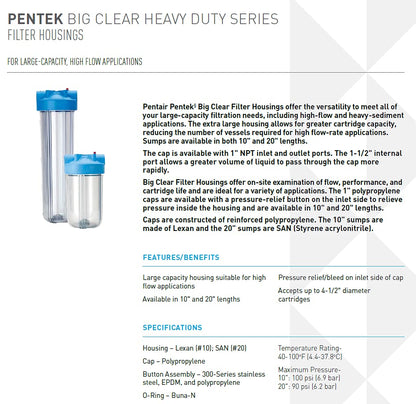 Pentair Pentek 166219 Big Clear Filter Housing, 1" NPT #10 Whole House Heavy Duty Water Filter Housing with Pressure Relief Button, 10-Inch, Blue/Clear