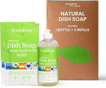 Natural Concentrated Dish Detergent Dishwashing Liquid | Plant-Based Dish Soap | Sweet Basil Fresh Scent | 2 Refill Packs with 1 Empty Refillable Squeeze Bottle (16 Oz)