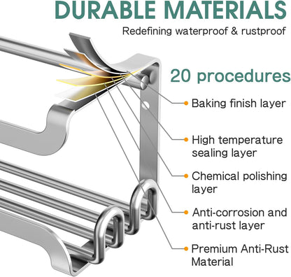 LUCYCAZ 4 Pack Wall Mounted Spice Rack with 16 Hooks, Spice Organizer Shelf for Stove Cabinet Pantry Door,Screw or Adhesive Spice Shelf Hanging Wall Spice Rack in Kitchen and RV (Silver, 4 PACK)