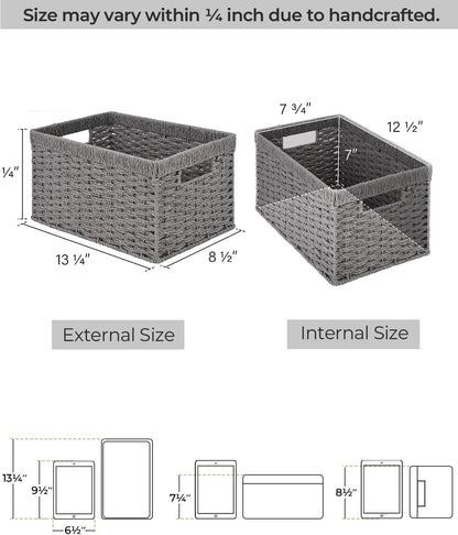 StorageWorks Round Paper Rope Storage Baskets, Rectangular Wicker Baskets with Built-in Handles, Gray, 2-Pack