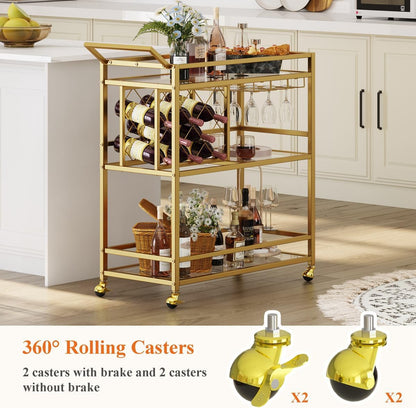 FATORRI Bar Cart Gold, Home Bar Serving Cart with Wine Rack and Glasses Holder, Wine Carts on Wheels with 3 Tier Mirrored Shelves for Liquor and Beverage (Gold)