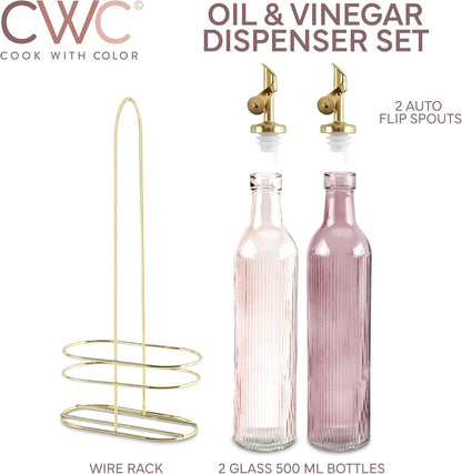 COOK WITH COLOR Glass Olive Oil Bottle Dispenser - 2 Pack- 17oz Oil and Vinegar Cruet - Olive Oil Carafe Decanter for Kitchen
