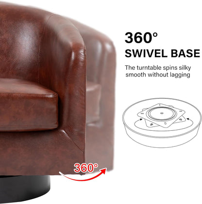 Swivel Barrel Accent Chair, Modern Round Faux Leather Arm Chair for Living Room, Bedroom, Comfy Club Reading Chairs for Adults(Faux Leather, Red Brown, Set of 4)
