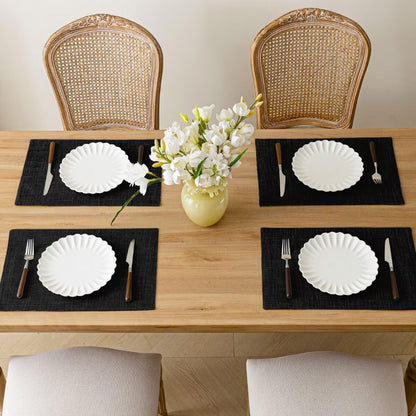 Placemats Set of 6, Bilayer Thickened Linen Place Mats Heat Resistant Machine Washable Wrinkle Free Carefully Selected Polyester Mats for Kitchen/Dining/Coffee Table (Black)
