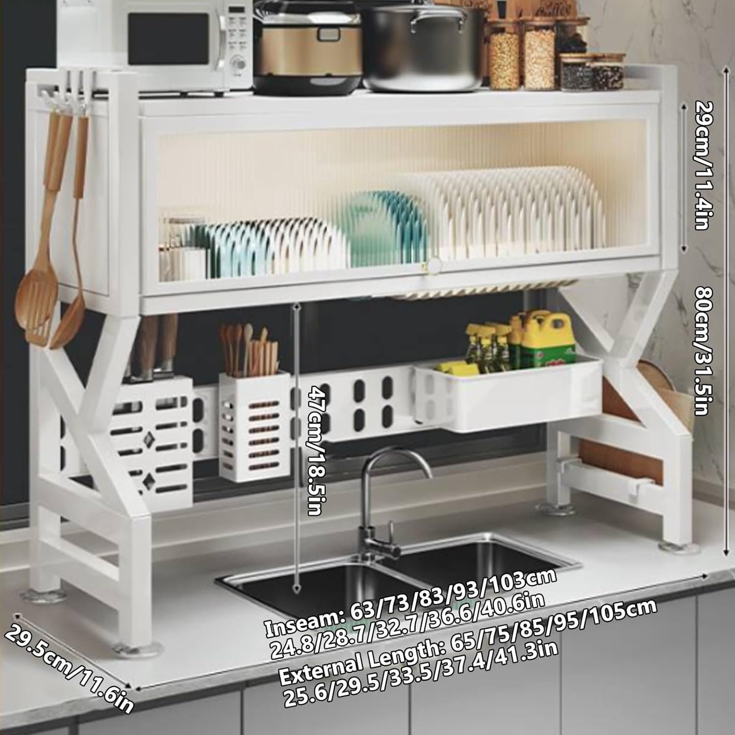 Kitchen sink rack dishwashing sink countertop dustproof cupboard storage multifunctional tableware storage drain rack double layer,KeepKitchen Sink Shlef Organized Space-Saving(White,105cm/41.3in)