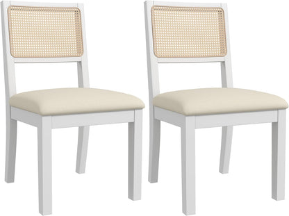 Westice Rattan Dining Chairs Set of 2, Farmhouse Natural Dining Room Chairs with Upholstered Cushion, Wood Armless Chairs for Kitchen/Restaurant, White