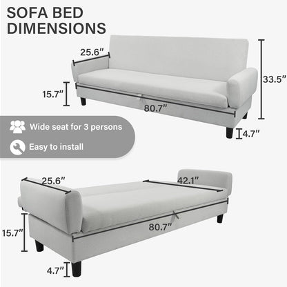 Convertible Futon Sofa Bed, 80.7" Adjustable Sleeper Sofa with Storage, 3-Seater Couch, 5-Position Reclining Back, 7" Thick Cushion, Twin Size Sofa for Small Spaces, Living Room, Bedroom, Dorm, Office