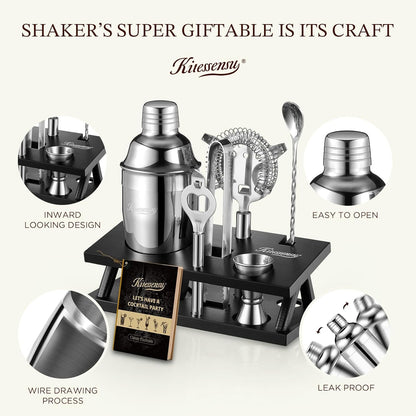 KITESSENSU Cocktail Shaker Set Bartender Kit, 6-Piece Silver Bar Set with Stand, Bar kit with Essential Bar Accessory Tools: Martini Shaker, Jigger, Strainer, Bar Spoon, Tongs, Opener