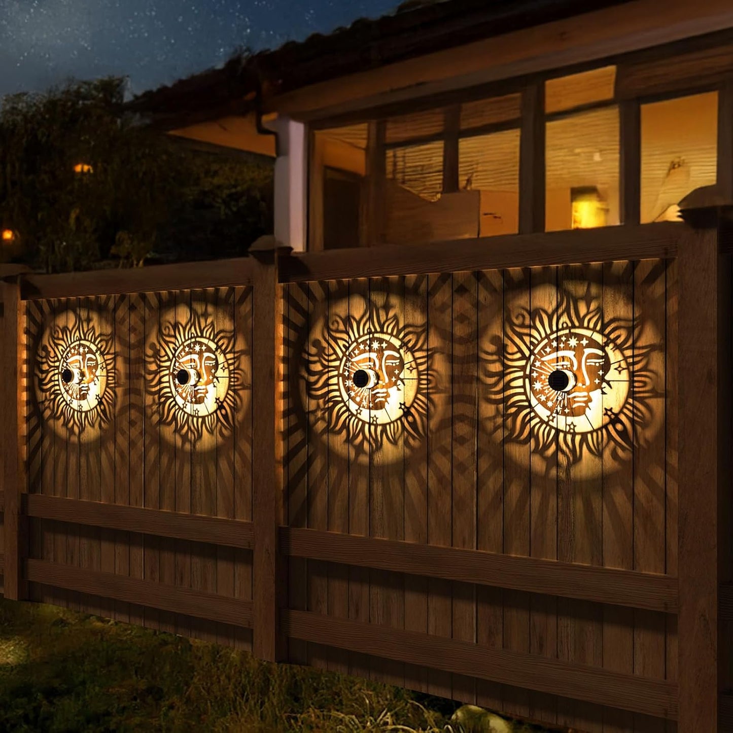 4 Pack Solar Fence Lights Metal Solar Powered Outdoor Wall Deck Step Lights Sun Moon Theme Waterproof Fence Light for Garden Post Patio Backyard Yard Decor, Gardening Gifts for Women Mom Grandma
