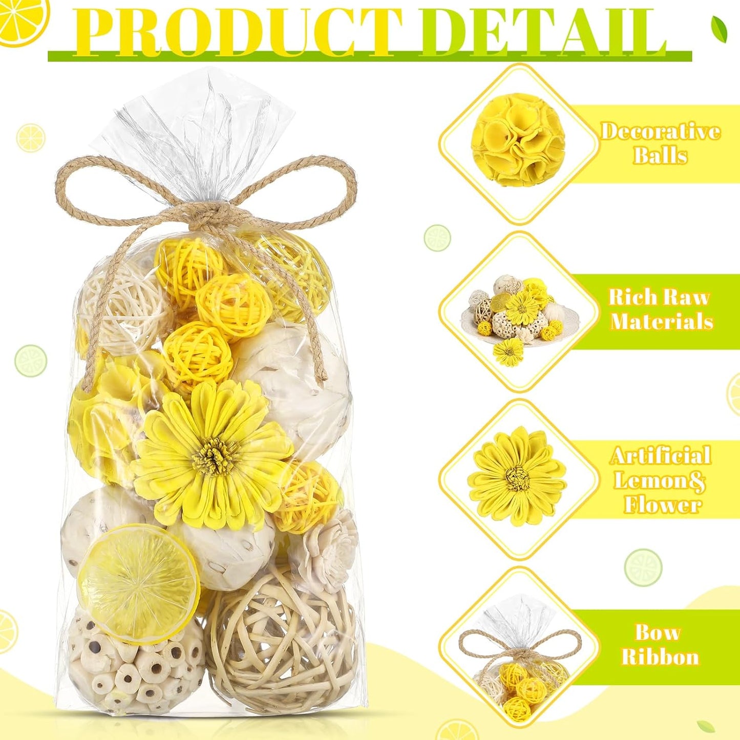 Riceshoot 2 Pack Decorative Balls Potpourri Bowl Filler Decor Natural Vase Bowl Filler Assorted Spherical Rattan Twigs Wicker Balls Cotton for Home Centerpiece(Lemon Yellow)