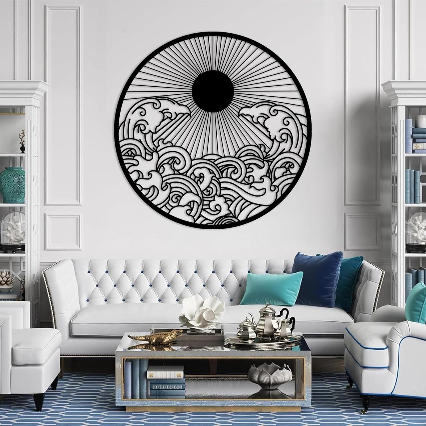 flyoak Metal Sun Wall Decor Outdoor, Sunrise Metal Wall Art, Metal Wave Wall Art, Sunrise and Wave Wall Decor, Sunburst Wall Art, Sunset Wall Art, Wall Hangings for Bedroom (White, 30x30in|76x76cm)