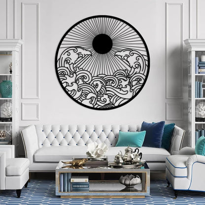 flyoak Metal Sun Wall Decor Outdoor, Sunrise Metal Wall Art, Metal Wave Wall Art, Sunrise and Wave Wall Decor, Sunburst Wall Art, Sunset Wall Art, Wall Hangings for Bedroom (White, 39x39in|100x100cm)