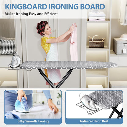 KINGBOARD Ironing Board, Foldable Iron Board with Iron Rest, Compact Ironing Board with Height Adjustable, Extra Thick Heat-Resistant Cover, Heavy-Duty Sturdy Metal Legs, 43x13 Grey