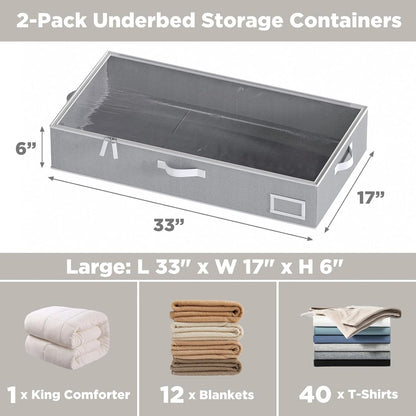 Under Bed Storage Containers, 2-Pack Underbed Storage Box, Collapsible Clothes Storage Bins with Handles and Lid, Large Under Bed Organizers for Shoe, Blanket, Pillow, Sheet, Gray