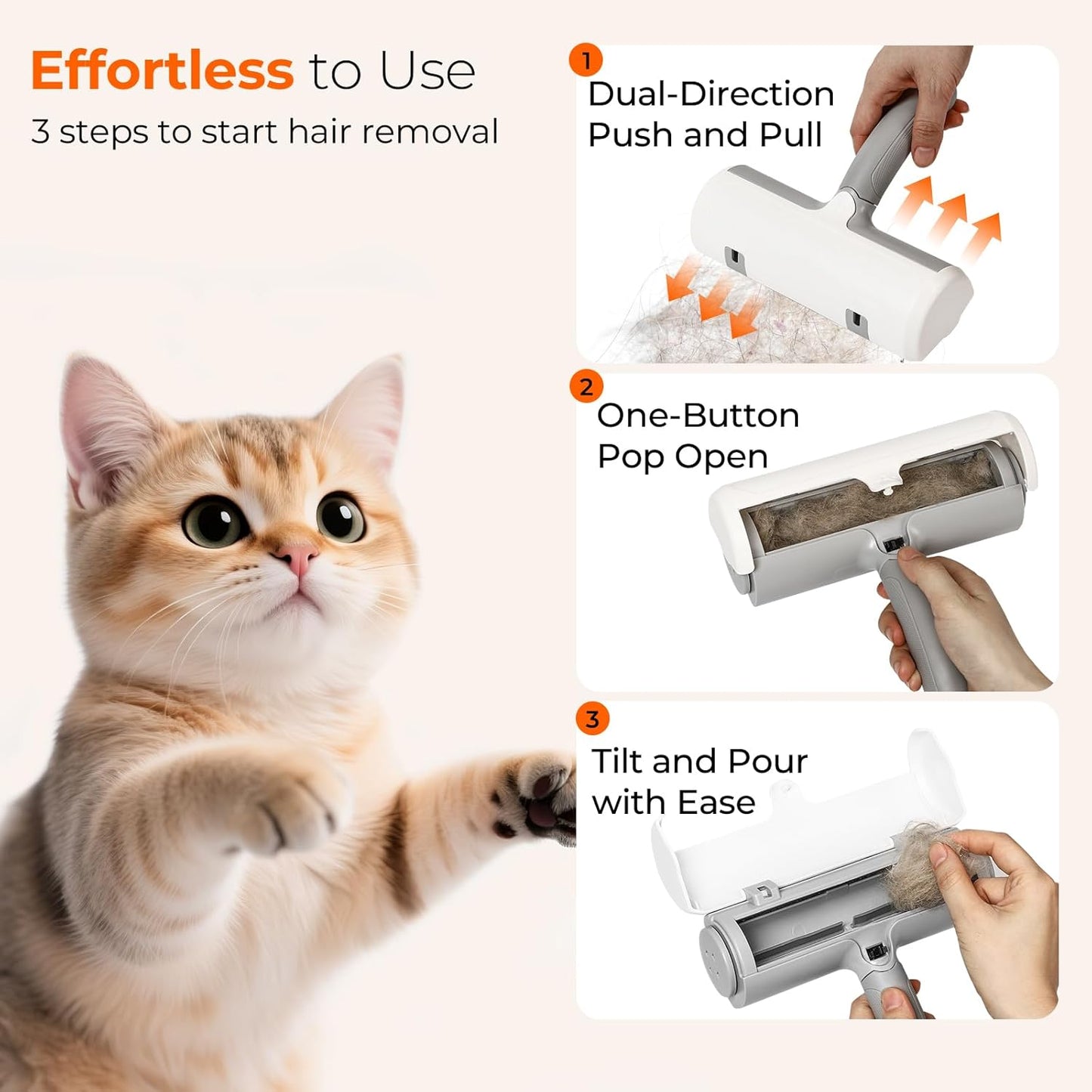 Pet Fur Remover - Pet Hair Roller Reusable for Cats and Dogs, One-Button Pop-Open, Static Cling Technology, Self-Cleaning Design