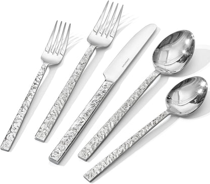KINGSTONE 40 Pcs Hammered Silverware Set for 8, 18/10 Stainless Steel Heavy Duty Flatware Set, Tableware Cutlery Utensil Sets for Home Restaurant Dishwasher Safe