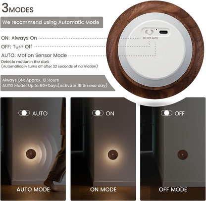 Motion Sensor Night Light Wood Rechargeable Battery-Powered Stick-On Step Lights Loftie Lights Magnetic Closet Warm Nightlight for Hallway Bedroom Stair (2 Pack Black Walnut)