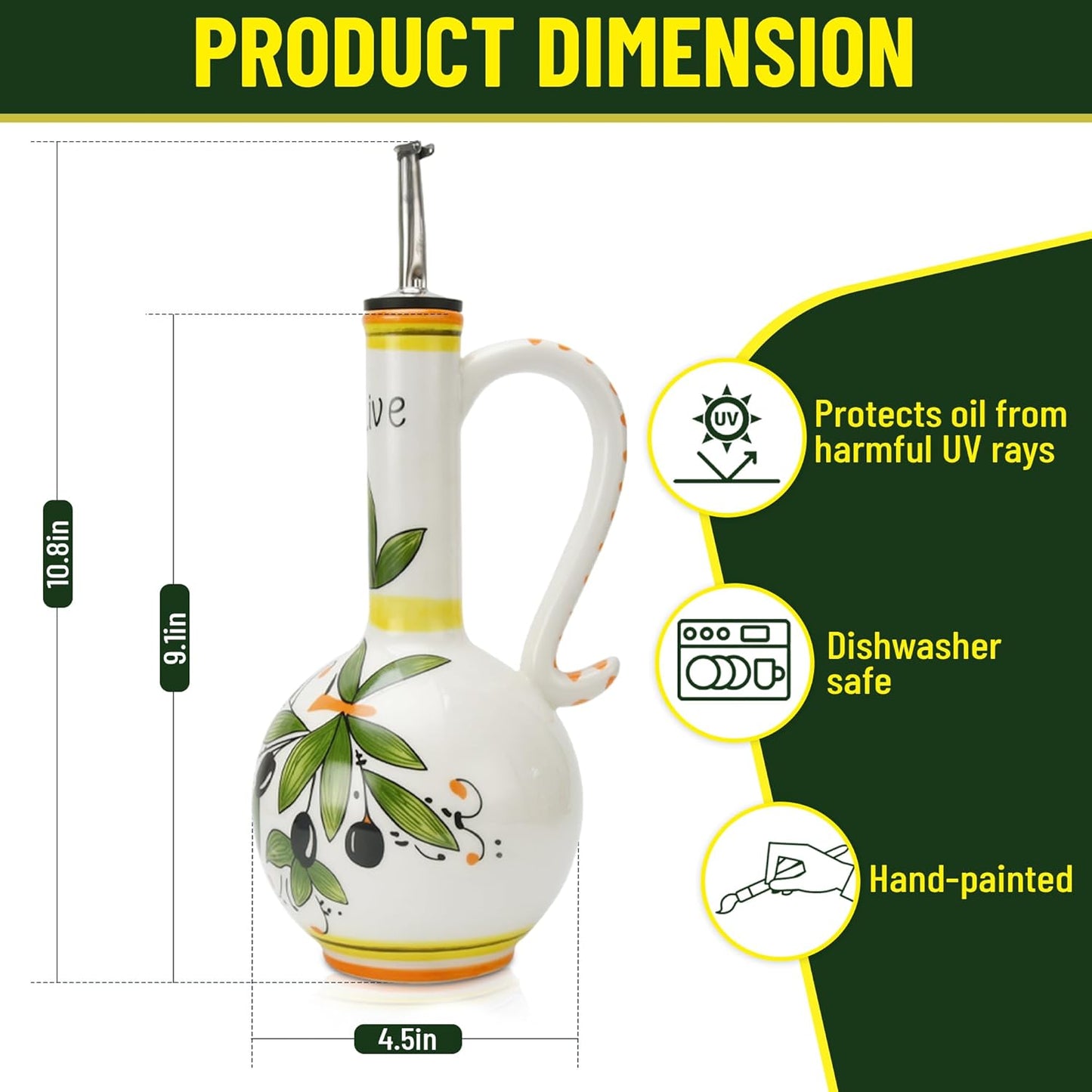 Hand-Painted Ceramic Olive Oil Dispenser Bottle – 15oz Decorative Stoneware Cruet with Stainless Steel Spout for Oil, Vinegar, Syrups, and Sauces