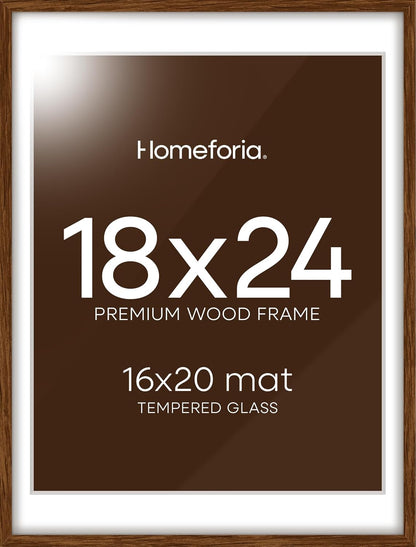 Homeforia 18x24 Walnut Poster Frame, High End Dark Oak 18x24 Brown Wooden Picture Frames with Mat 16x20, 18 x 24 Wood Frame Matted to 16 by 20, 24x18 Hanging Frames, Tempered Glass, Wall Kit, Set of 1