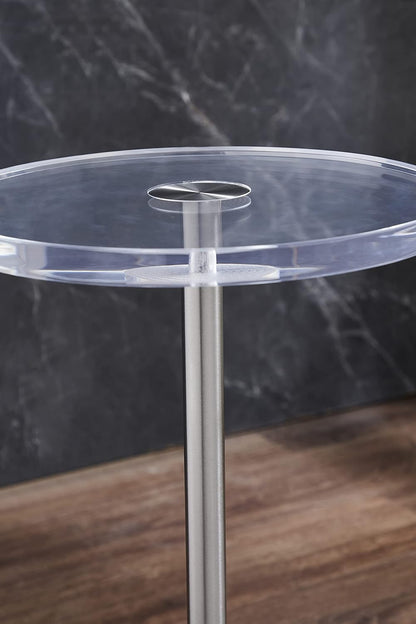 Clear Acrylic End Table,Side Table,Brushed Silver Metal,Round,for Office, Living Room and Bedroom,Easy Assembly,12x12 inch，21.3 inch high