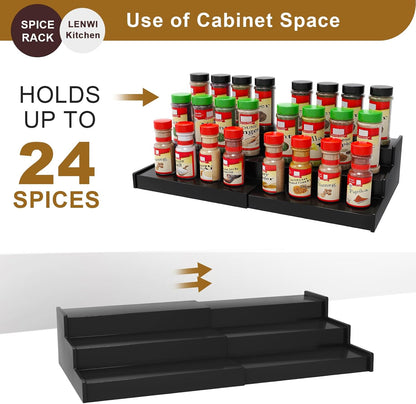 Spice Rack Organizer for Cabinet, 3 Tier Expandable Bamboo Spice Storage, Great for Kitchen Cabinet, Cupboard,Pantry and More(Black)