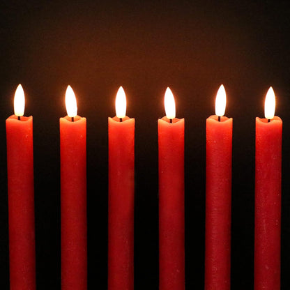 GenSwin Flameless Red Taper Candles Flickering with 10-Key Remote, Battery Operated Led Warm 3D Wick Light Window Candles Real Wax Pack of 6, Christmas Home Wedding Decor(0.78 X 9.64 Inch)