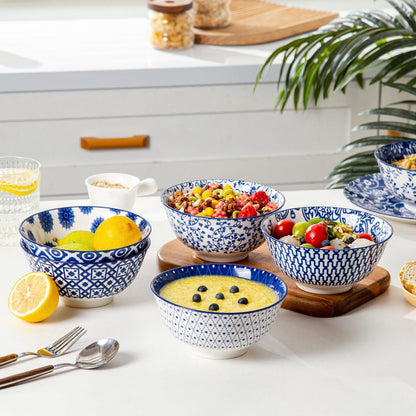 Ceramic Soup Bowls Set - 24 Oz Deep Cereal Bowl for Kitchen - 6 Inch Large Porcelain Dinner Bowl Eating Salad Pasta Dessert Oatmeal - Microwave Dishwasher Safe - Set of 6 - Vintage Blue