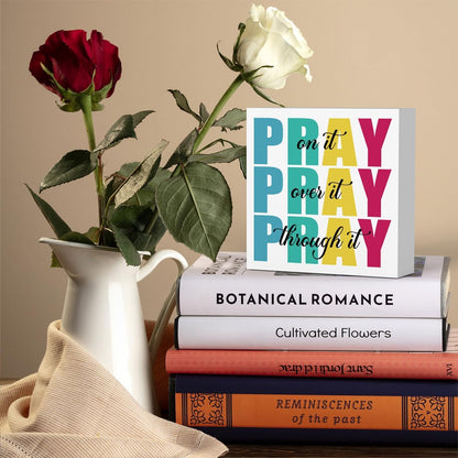 Office Decor for Women Christian Gifts Desk Bedroom Bible Verse Wall Art Inspirational Wooden Box - Pray on It Over It Through It