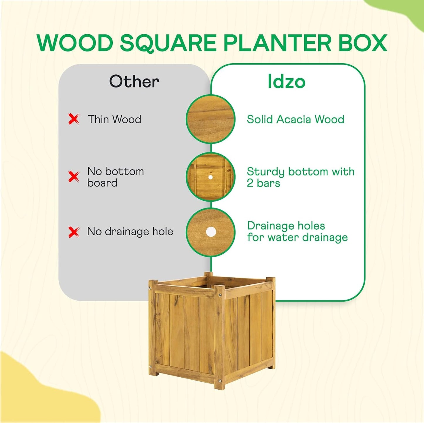 IDZO Set of 2 Acacia Wood Flower Planters for Outdoor Plants, Ergonomic Handles, Drainage Holes, Various Sizes, Ideal for Home Décor, Golden Teak