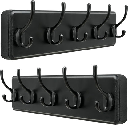 Dseap Wall Mounted Coat Rack: Patented, Heavy-Duty, 17.4" Long 5-Double-Hooks Wooden Hanger Rail for Winter Coats, Hats, Jackets, Clothing - Black, Pack of 2