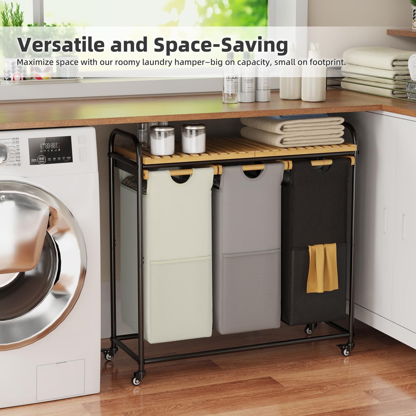 Laundry Hampers 3 Section, Laundry Sorter with Removable Shelf and Pull-Out Bags, Clothes Hampers with Wheels Rolling Cart Basket for Laundry Room Bathroom, 3 x 40 L (Black White Gray)