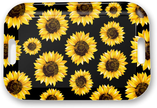 Serving Trays with Handles, 14.5 x 9.8 inch Rectangular Plastic Tray for Restaurant, Kitchen, Sunflower Black Background