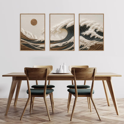 HLNIUC Sea Wave Framed Canvas Wall Art,Abstract Sun Seascape Wall Decor Set of 3(16”x24”) Large Modern Ocean Beach Art Print,Great Wave Sunset Pictures Canvas Famed Painting for Living Room,Bedroom