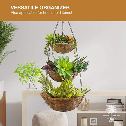 REGAL TRUNK & CO. 3 Tier Hanging Fruit Basket, Farmhouse Wire Basket, Three Tier Fruit Basket for Kitchen for Vegetables, Bread & More, Metal Chain, Hanging Hook and Detachable Round Wire Baskets