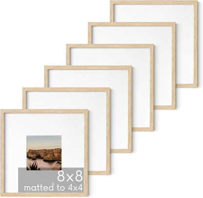 HAUS AND HUES Solid Oak Wood 8”x8” Picture Frames Matted to 4”x4” Set of 6-8x8 Standard Square Picture Frames, Photo Gallery Wall Frame Set, Beige 8x8 Picture Frames Matted (Beige Oak Frames)