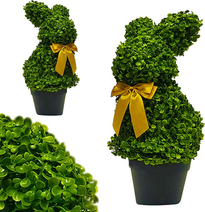 2 Pcs Artificial Bunny Shaped Topiary Trees, Artificial Green Boxwood Bunny Decorations with Gold Bow, Perfect for Indoor & Outdoor Front Porch, Easter& Garden Decor (Bunny Tree with Base)