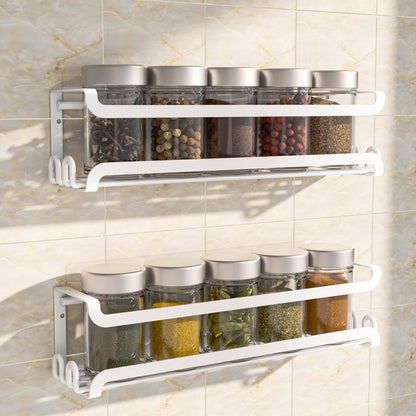 LUCYCAZ 2 Pack Wall Mounted Spice Rack with 16 Hooks, Spice Organizer Shelf for Stove Cabinet Pantry Door,Screw or Adhesive Spice Shelf Hanging Wall Spice Rack in Kitchen and RV (White, 2 PACK)