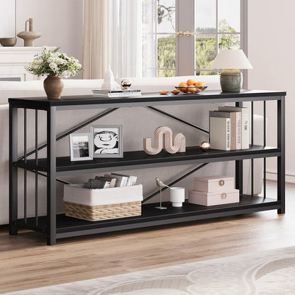 LVB Black Entryway Table, Modern Extra Long Sofa Console Table, Metal Wood Narrow Hallway Table with Storage Shelves, Industrial Skinny Foyer Couch Tables for Living Room Bedroom, Black Oak, 70 Inch