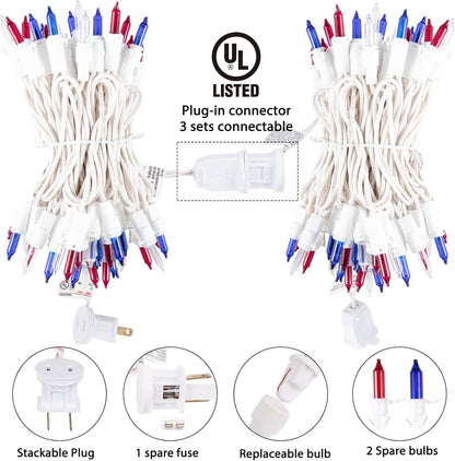 4th of July Decoration Patriotic Mini Lights - 200 Count 50 Feet Red White Blue Incandescent Bulb Waterproof String Lights Plug in for Indoor Outdoor Christmas Party Patio Independence Day Decoration